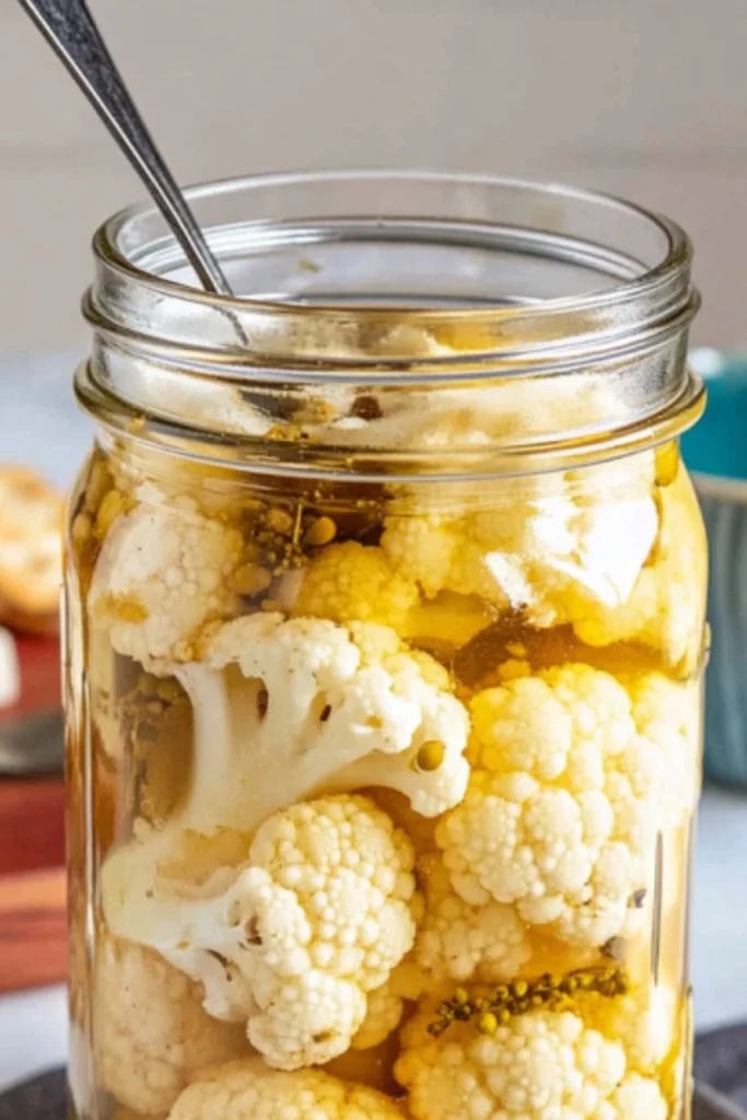 Glass jar filled with pickled cauliflower florets in golden turmeric brine with metal spoon