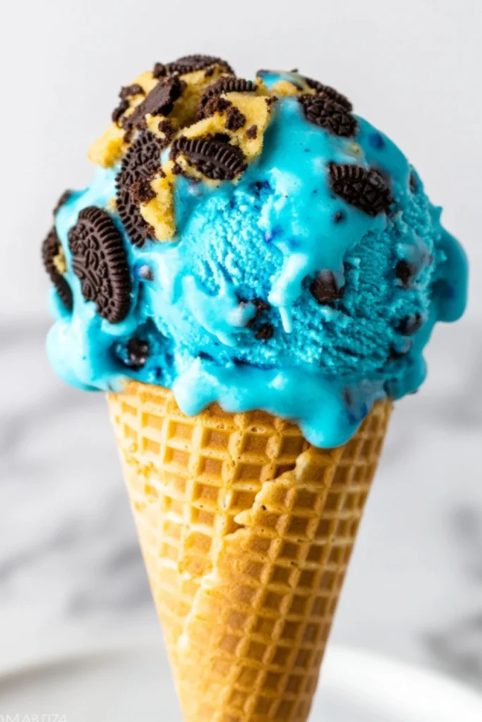 Cookie Monster blue ice cream cone with Oreo cookies and graham cracker crumbs in golden waffle cone