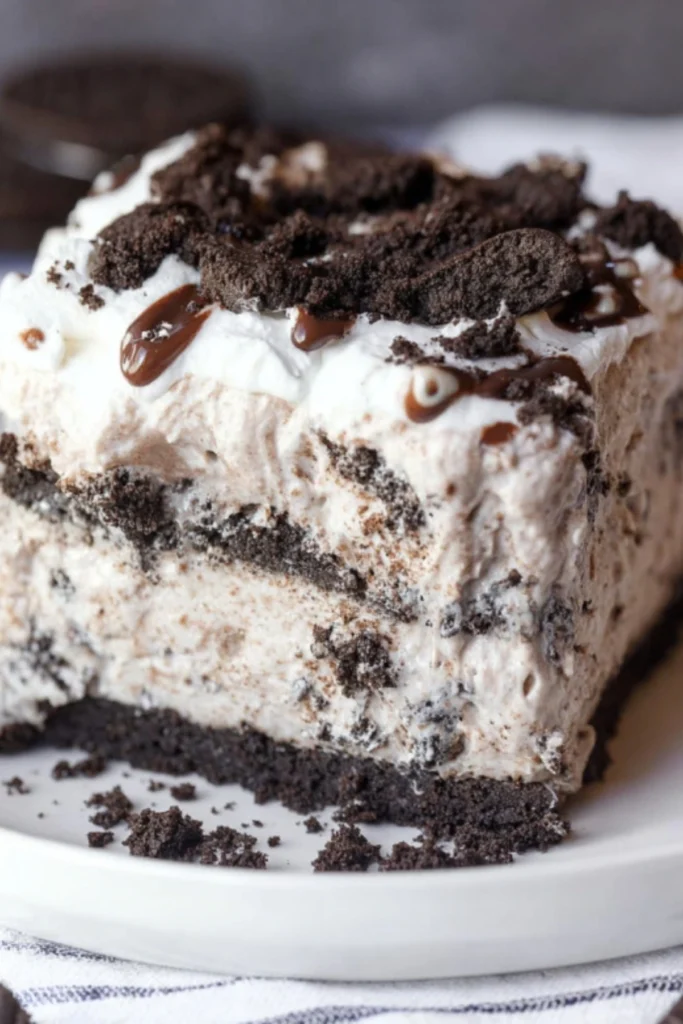 Slice of homemade Oreo ice cream cake with chocolate cookie crumbs, whipped cream layers, and chocolate drizzle on white plate