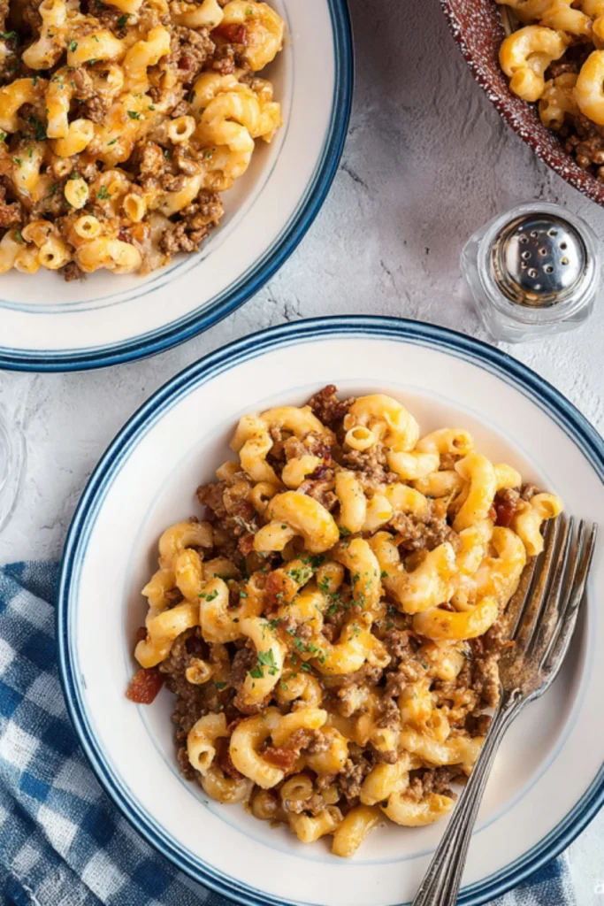 Two plates of bacon cheeseburger casserole with elbow macaroni ground beef and melted cheese garnished with fresh parsley
