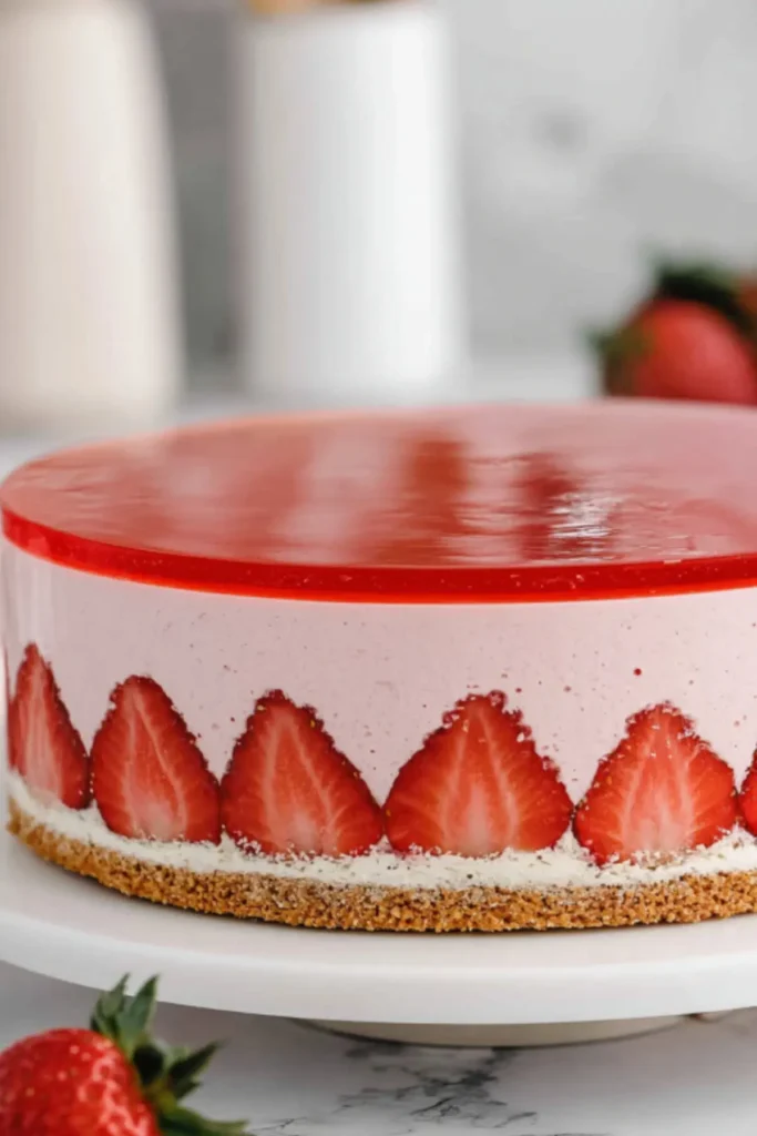 Elegant French Strawberry Mousse Cake with Glossy Glaze and Fresh Strawberries
