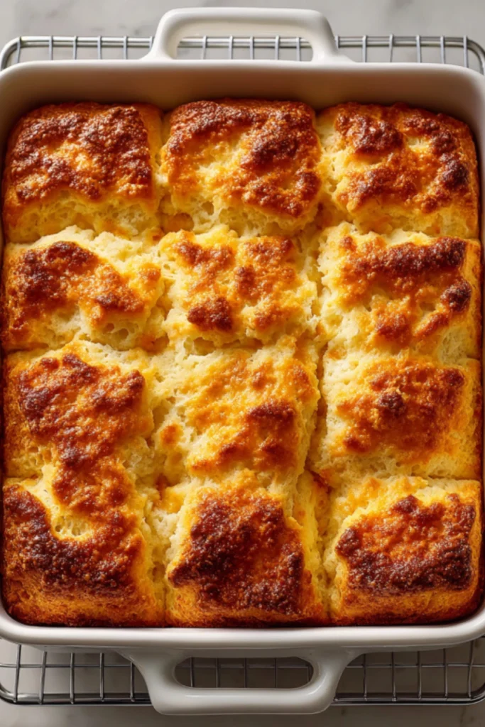 Golden-brown butter swim biscuits freshly baked, showing their fluffy interior and crispy edges.