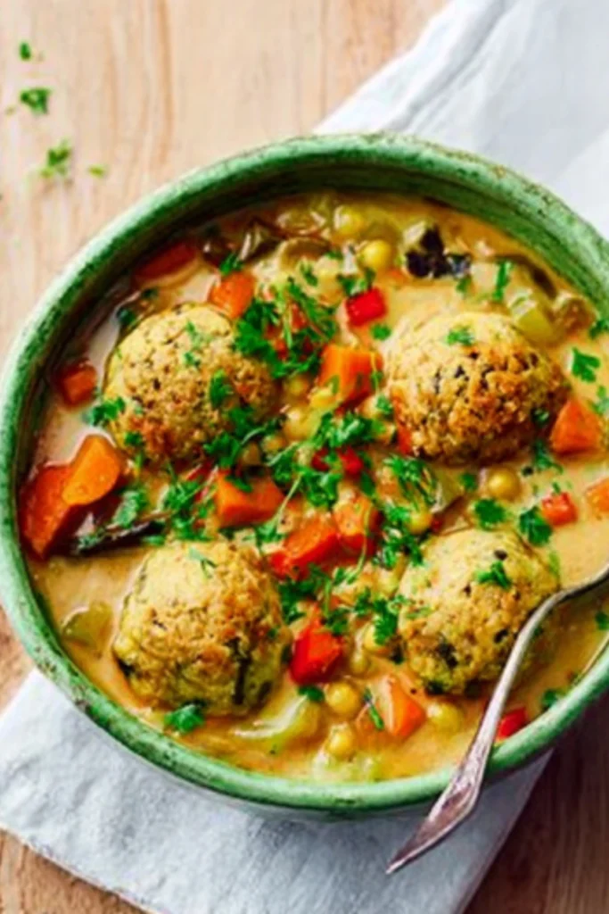 Curried bean stew with coconut coriander drizzle featuring chickpea dumplings, carrots, and fresh herbs in green bowl