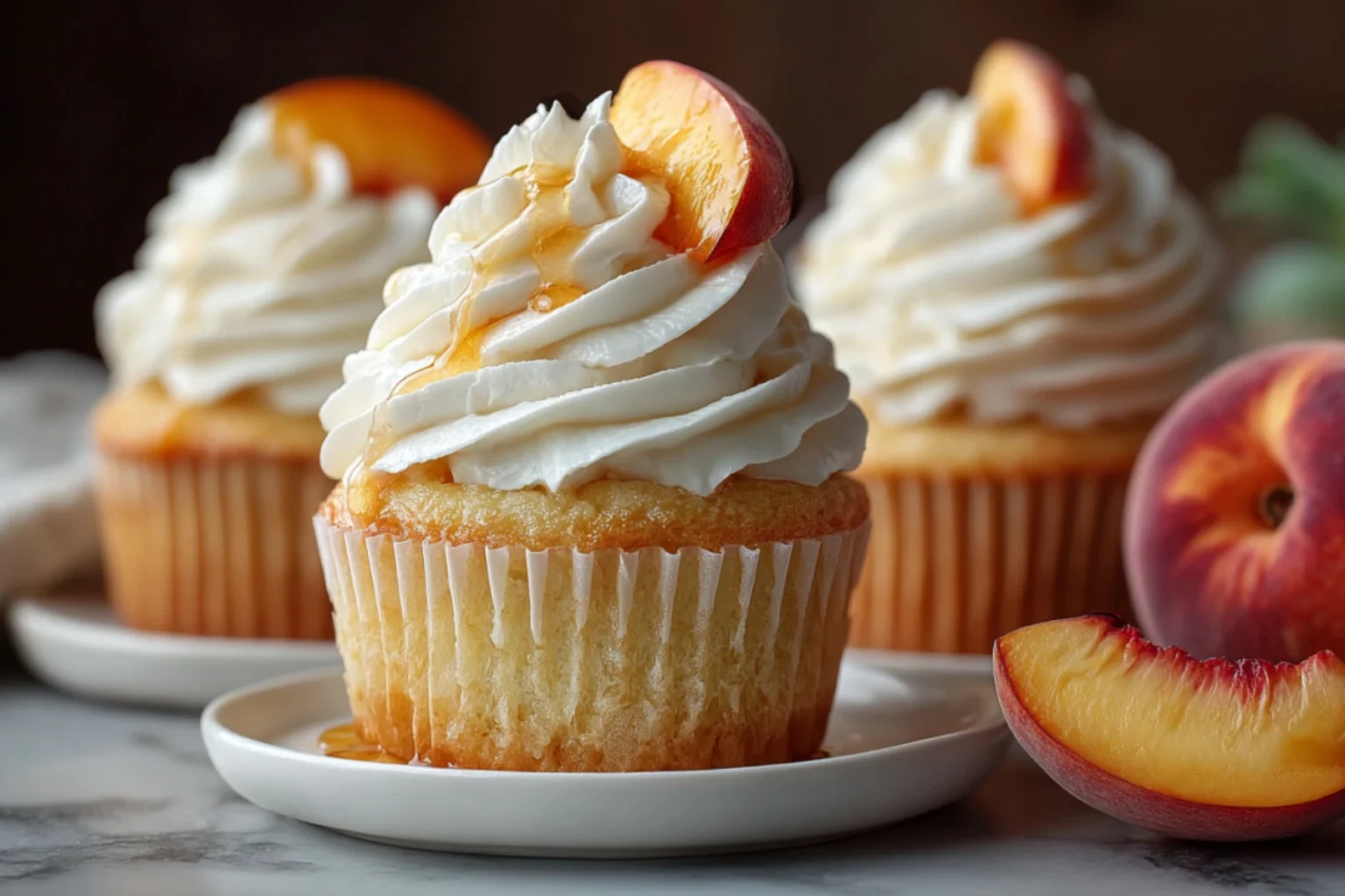 Fluffy honey peach cupcakes topped with swirled cream cheese frosting and fresh peach slices on white plate