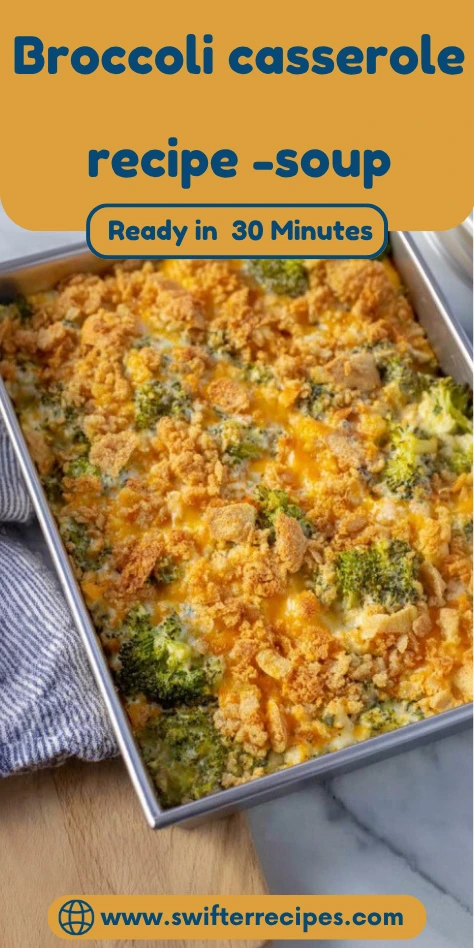 Broccoli casserole recipe ready in 30 minutes with golden cheese and cracker topping in baking dish