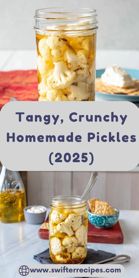 Pinterest-style collage showing mason jars of pickled cauliflower with text overlay "Tangy, Crunchy Homemade Pickles (2025)"