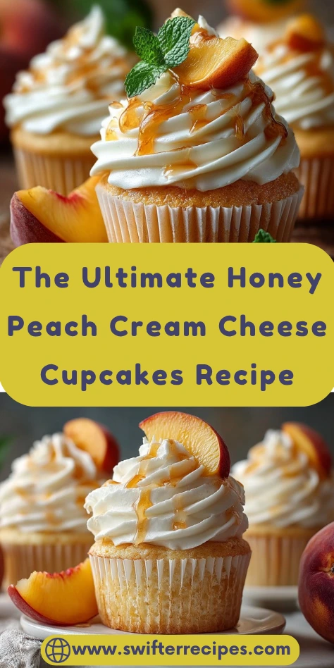 Ultimate honey peach cream cheese cupcakes with swirled frosting, caramel drizzle, peach slices and mint garnish - Pinterest recipe pin