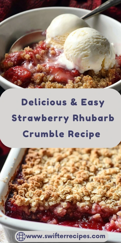 Strawberry Rhubarb Crumble served with vanilla ice cream and a golden oat topping in a white dish.