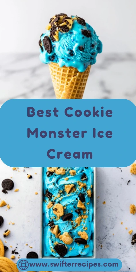 Best Cookie Monster Ice Cream recipe Pinterest pin showing blue ice cream cone and loaf pan with Oreo cookies and graham crackers