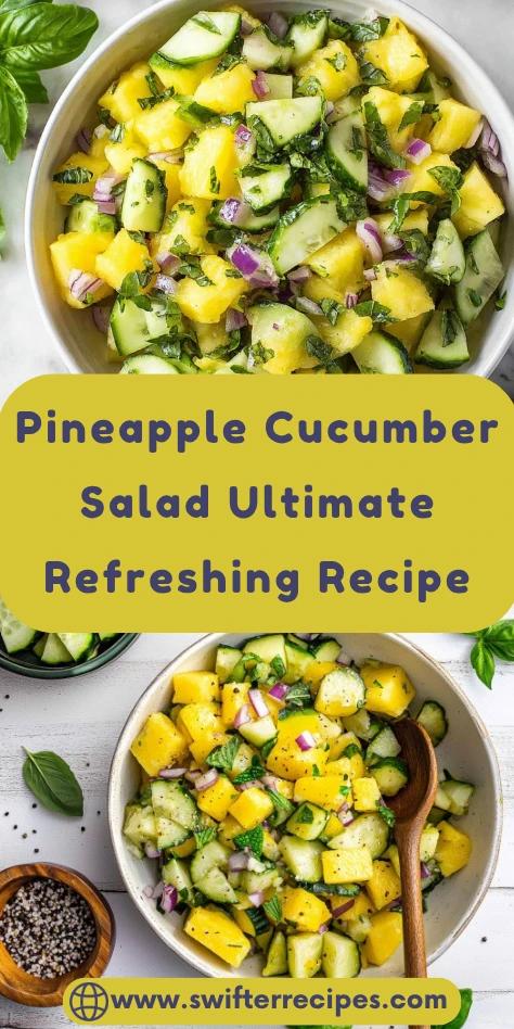 Pinterest recipe pin for ultimate refreshing pineapple cucumber salad showing two bowls of fresh salad with diced pineapple, cucumber, red onion and herbs on white marble background