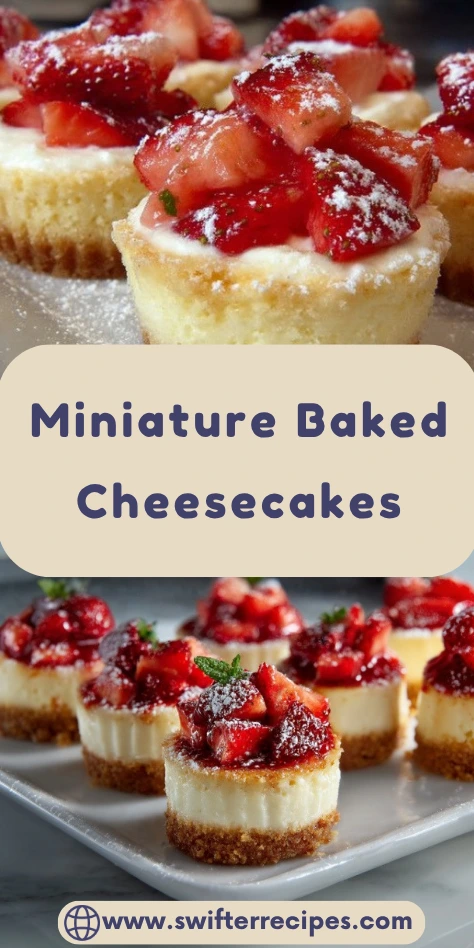 Pinterest recipe pin for miniature baked cheesecakes with strawberry topping and powdered sugar dusting