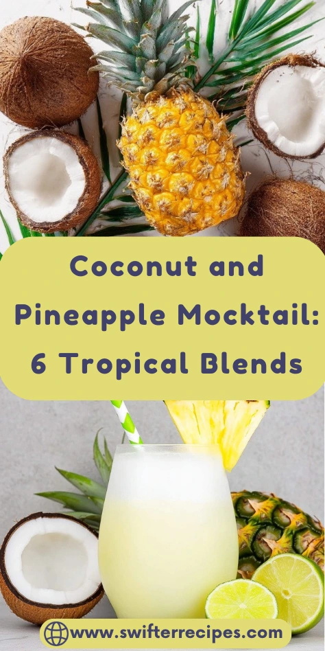 Coconut pineapple mocktail in glass with pineapple garnish surrounded by fresh whole pineapple, coconut halves, and lime on marble surface for tropical mocktail recipe variations