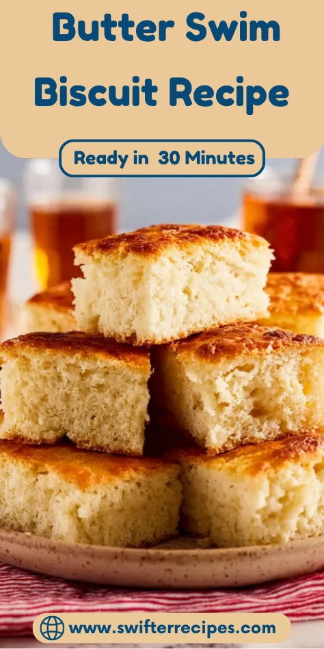 Stacked butter swim biscuits, soft and fluffy, with a golden brown top, ready to be served.