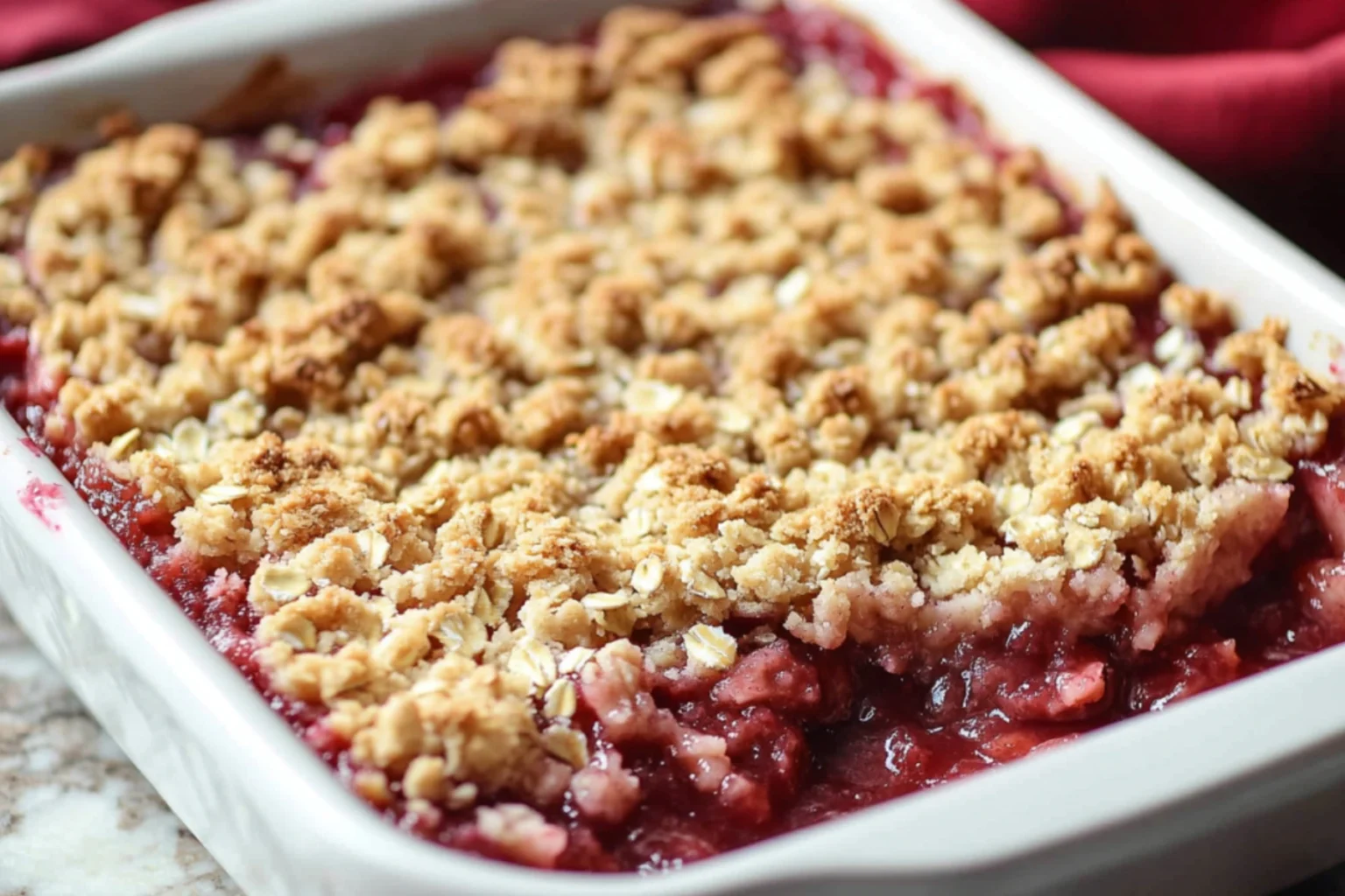 Strawberry Rhubarb Crumble with a golden, oat crumble topping in a baking dish