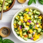 Fresh pineapple cucumber salad with red onion and herbs served in white ceramic bowl with wooden spoon, overhead view on white wooden background