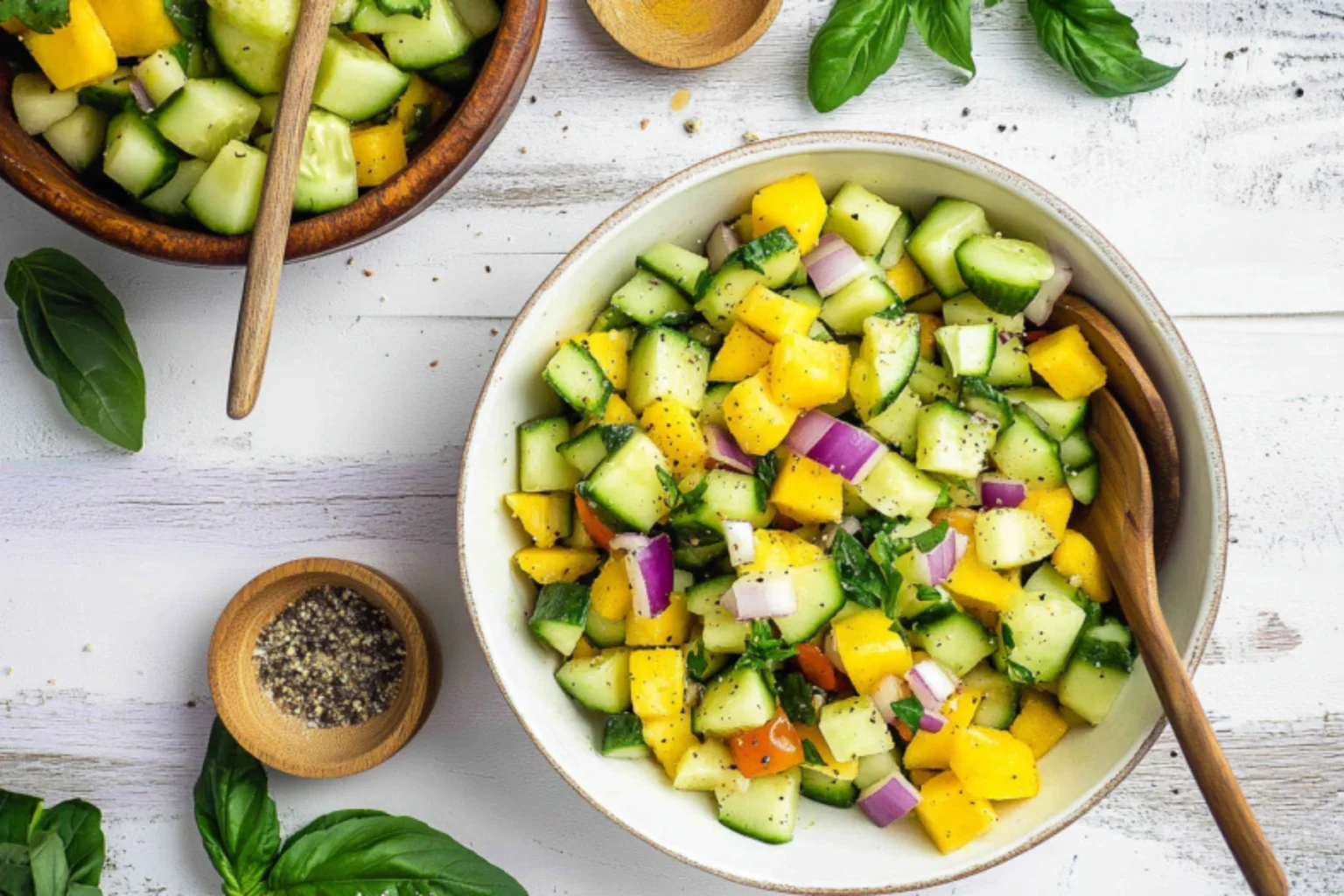 Fresh pineapple cucumber salad with red onion and herbs served in white ceramic bowl with wooden spoon, overhead view on white wooden background