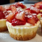 Mini strawberry cheesecakes with graham cracker crust topped with fresh strawberries and powdered sugar