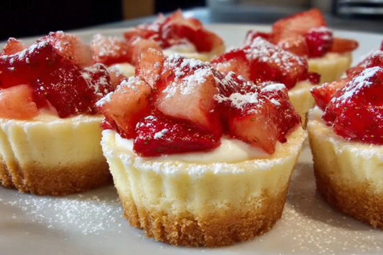 Mini strawberry cheesecakes with graham cracker crust topped with fresh strawberries and powdered sugar