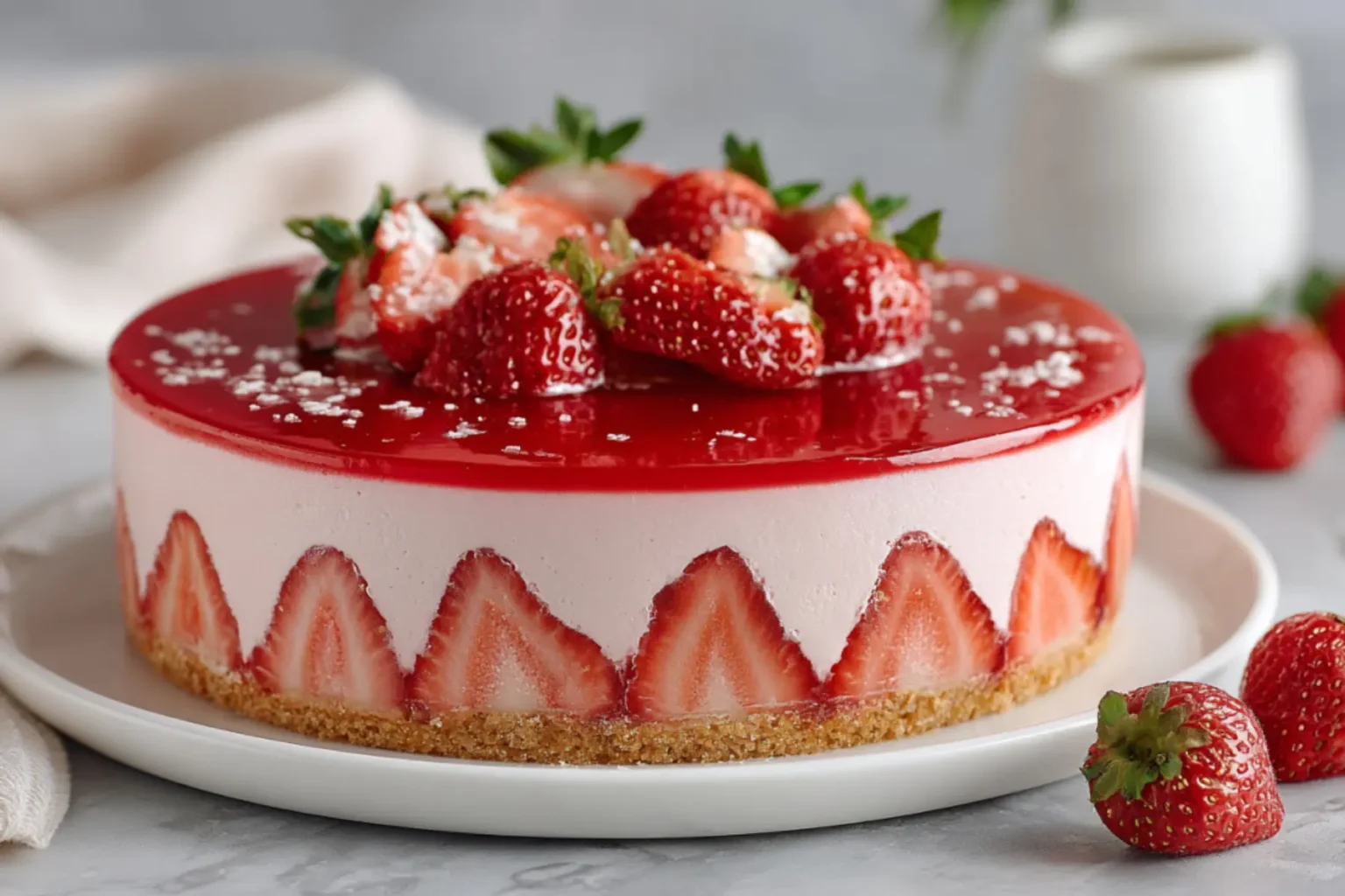 Delicious Strawberry Mousse Cake with Fresh Strawberries and Glazed Topping