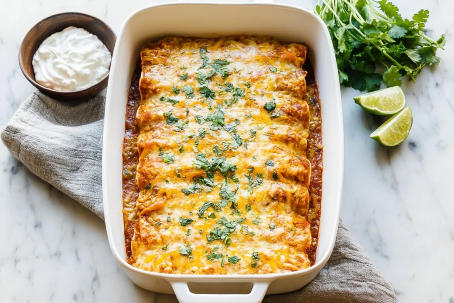 Homemade Chicken Enchiladas with Melted Cheese and Fresh Cilantro