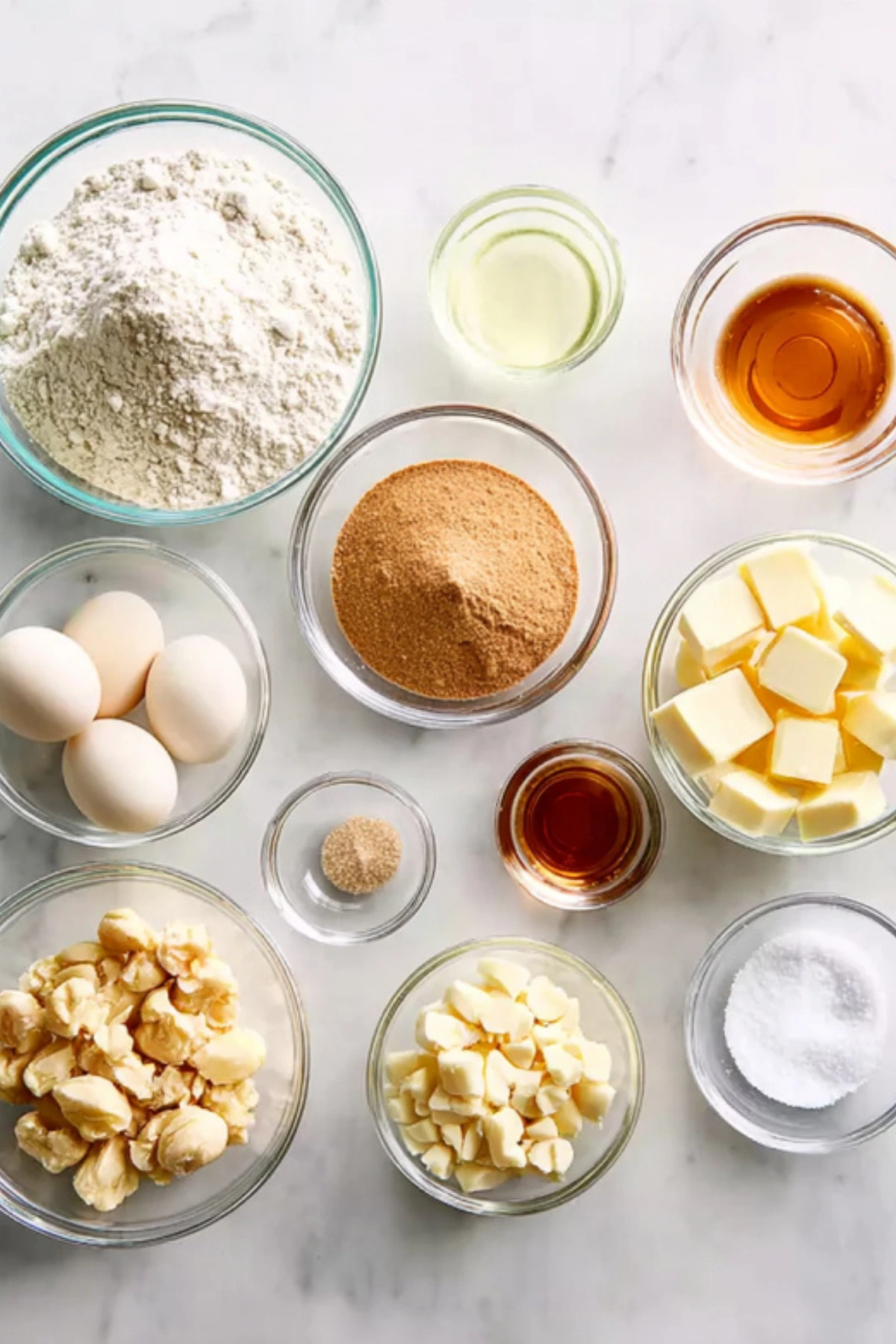 White chocolate macadamia nut cookie ingredients laid out in glass bowls including flour, eggs, butter, brown sugar, vanilla, and nuts