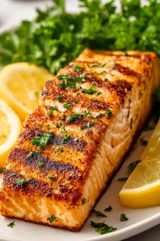 Perfectly seared air fryer salmon fillet with golden caramelized crust, fresh parsley garnish, and lemon wedges on white plate