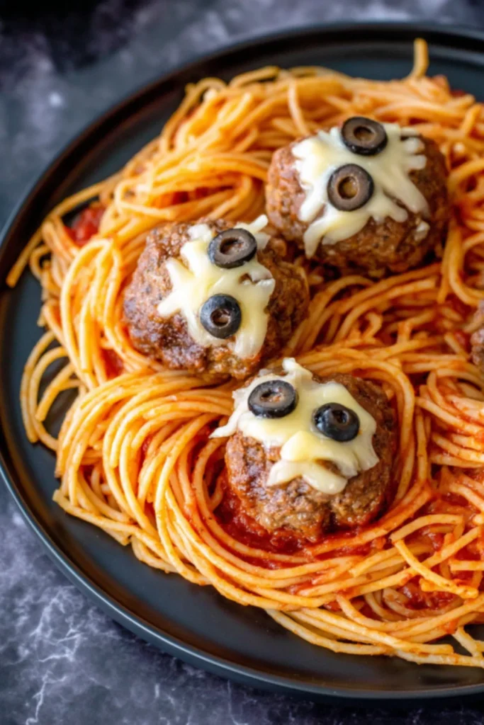 Spaghetti with Cheese Stuffed Meatballs and Black Olives