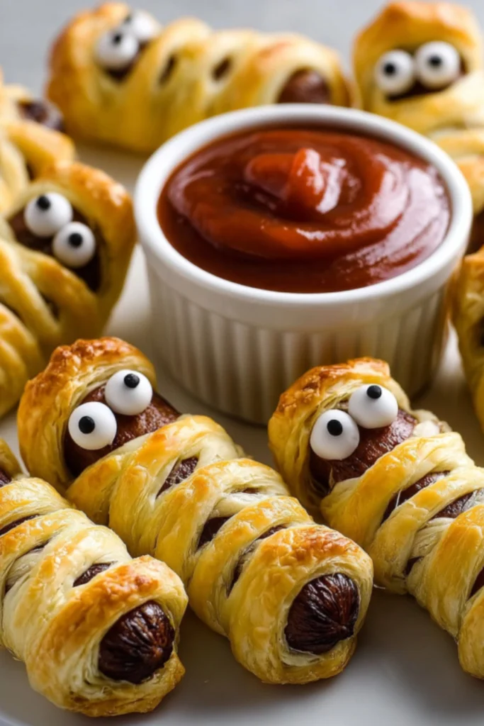 Halloween Sausage Mummy Wraps with puff pastry, eyes, and ketchup for dipping – spooky and delicious party food.