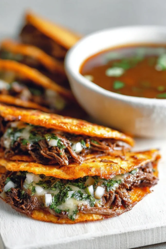 Birria tacos filled with tender shredded beef, cheese, cilantro, and onions, served with a rich dipping sauce.