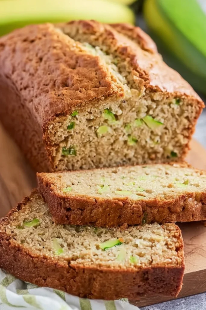 Sliced Zucchini Banana Bread on a wooden cutting board, showcasing green zucchini chunks inside the moist bread.