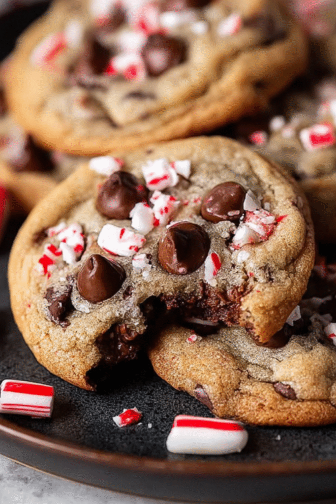 Chocolate Peppermint Cookies with Gooey Chocolate Chips and Crushed Candy Canes