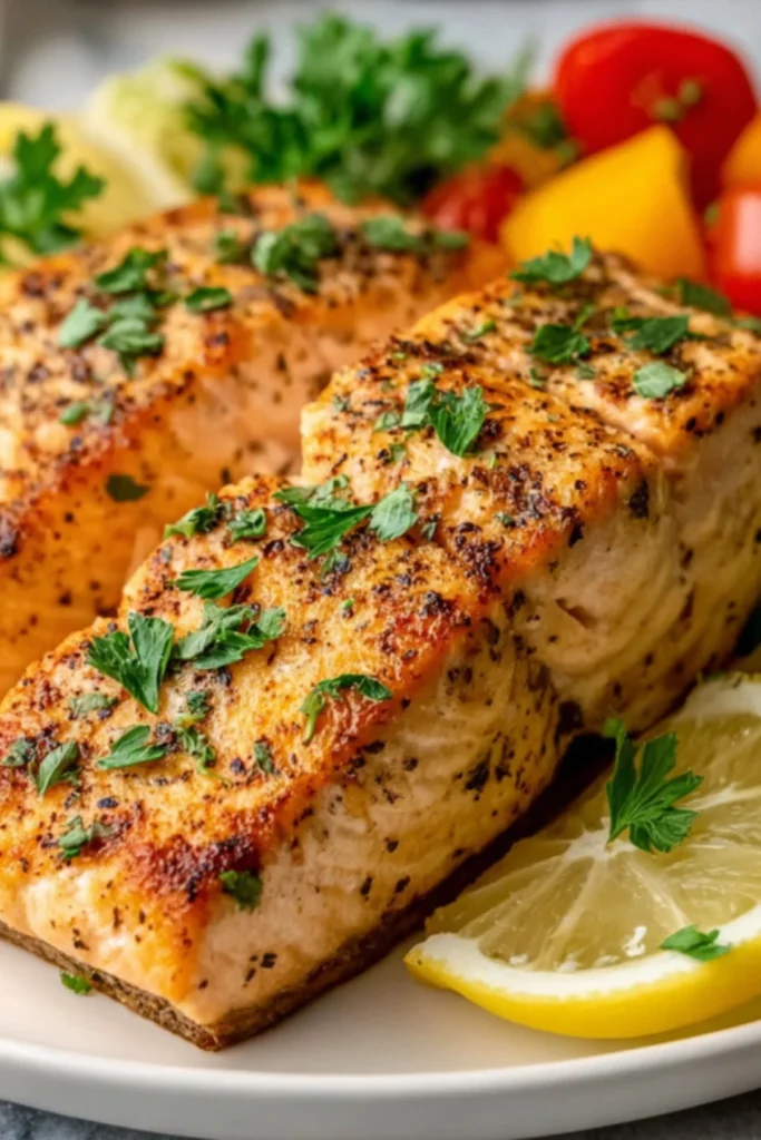 Golden-brown air fryer salmon fillets seasoned with herbs and spices, garnished with fresh parsley and lemon slices on a white plate