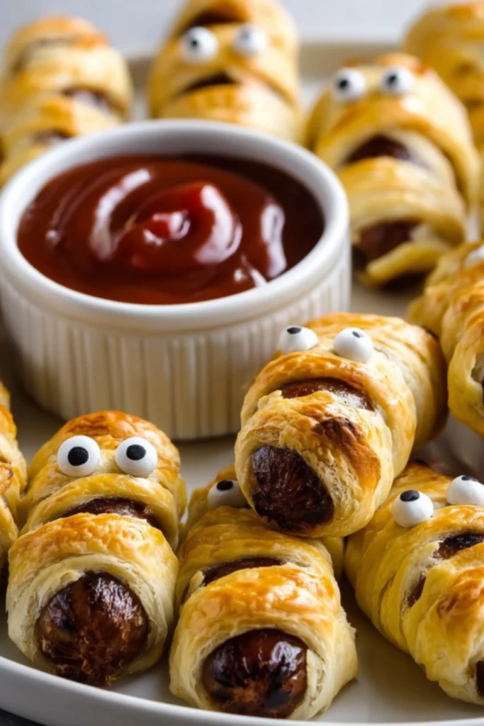 Sausage mummies wrapped in puff pastry with googly eyes and ketchup, perfect for Halloween.