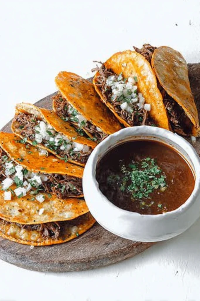 Birria tacos filled with tender shredded beef, topped with onions and cilantro, and served with a rich dipping sauce.