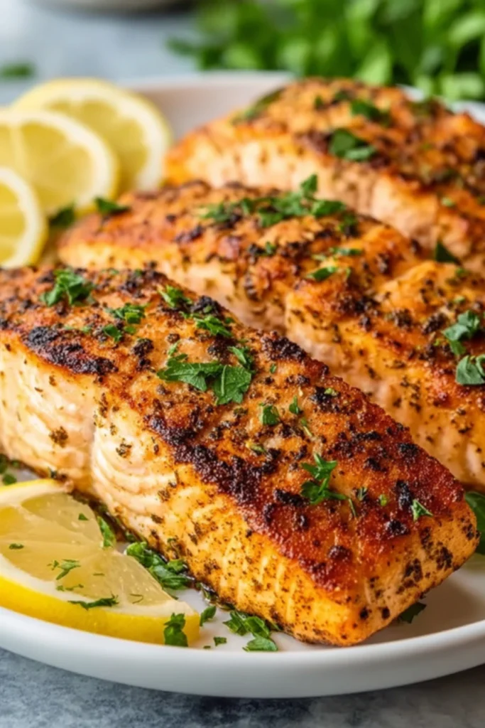 Air Fryer Salmon Fillets with Crispy Garlic Herb Seasoning and Lemon