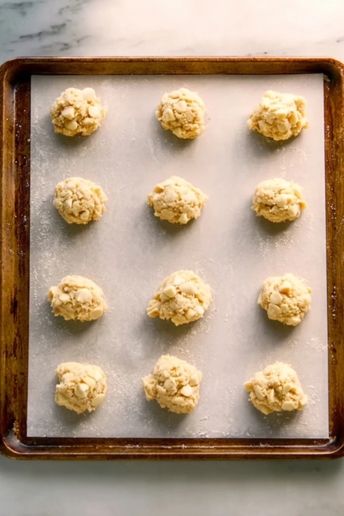 White Chocolate Macadamia Nut Cookie Dough Balls on Baking Sheet