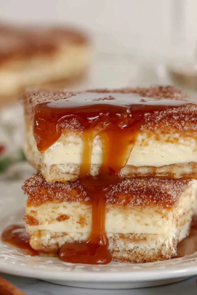 Close-up of churro cheesecake with caramel dripping down, showing the creamy cheesecake filling and cinnamon-sugar crust.