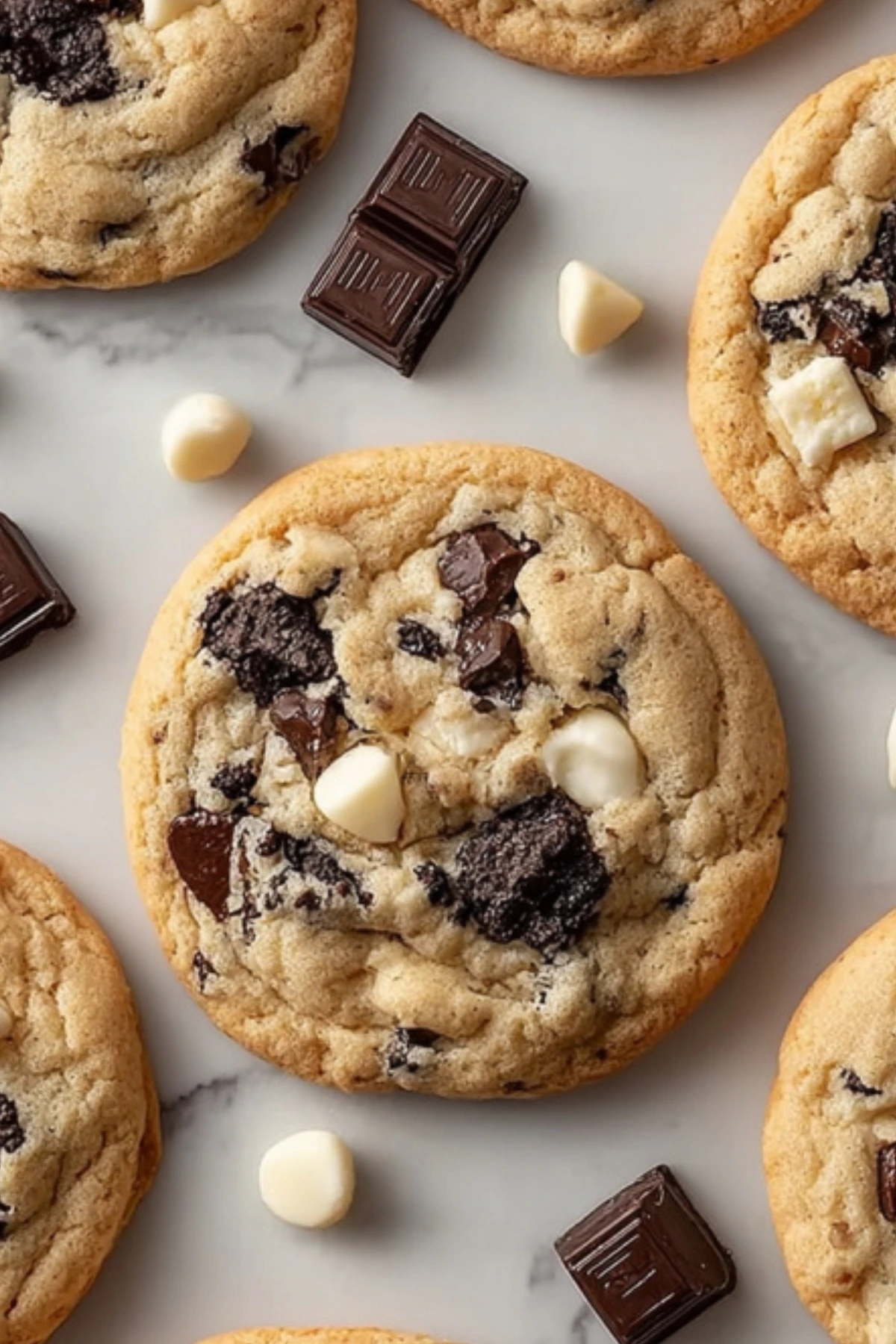 Thick cookies and cream cookies with crushed Oreos and white chocolate chips on marble countertop with chocolate squares