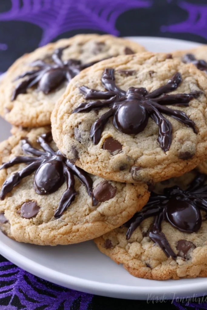 Spider Chocolate Crinkle Cookies with chocolate spider web design, perfect for Halloween treats.