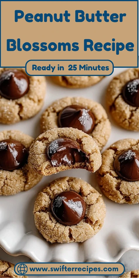 Peanut Butter Blossoms recipe pin image showing golden sugar-coated cookies with chocolate centers on parchment paper, text overlay "Ready in 25 Minutes"