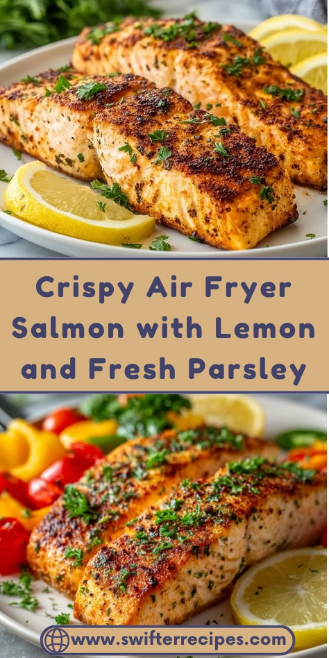 Collage showing crispy air fryer salmon fillets with golden-brown crust, fresh parsley, and lemon wedges on white plates with colorful vegetables