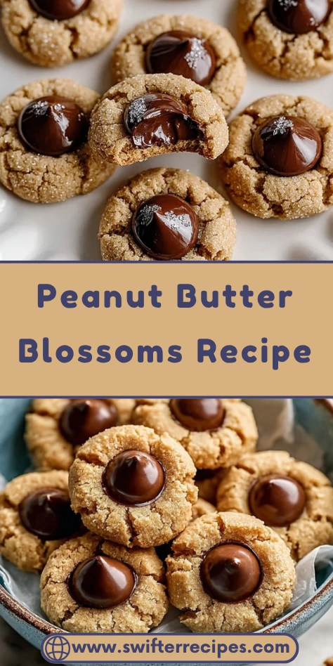Pinterest pin showing peanut butter blossom cookies with chocolate centers - one broken to show gooey interior, multiple cookies in blue bowl below