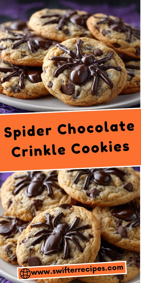 Spider Chocolate Crinkle Cookies decorated with chocolate spider designs, perfect Halloween treat.