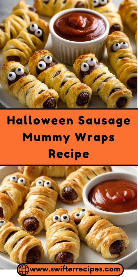 Halloween Sausage Mummy Wraps with puff pastry, sausages, candy eyes, and a side of ketchup – a fun and spooky Halloween recipe.
