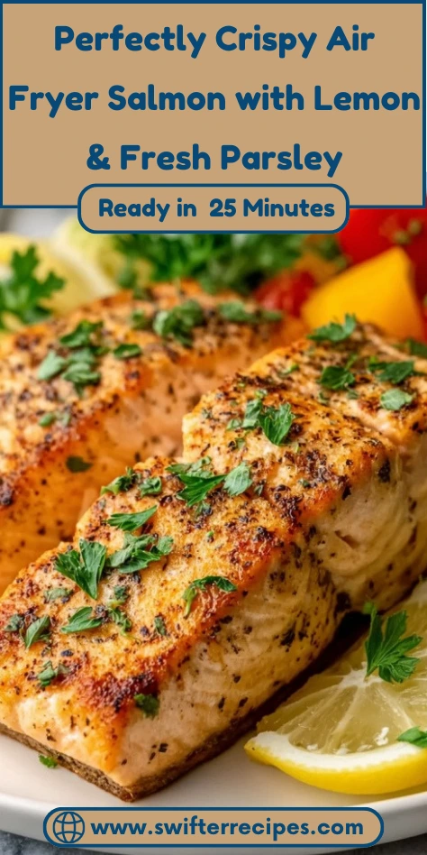 Pinterest-style recipe pin showing perfectly crispy air fryer salmon with golden crust, fresh parsley, and lemon slices, ready in 25 minutes