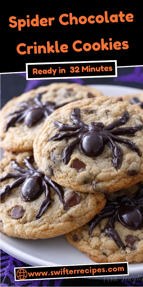 Spider Chocolate Crinkle Cookies decorated with chocolate spider web design, ready in 32 minutes.
