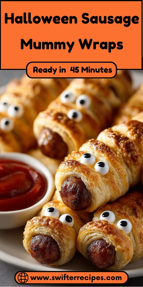 Halloween Sausage Mummy Wraps with puff pastry, sausage, and candy eyes, served with ketchup for dipping – a fun Halloween party treat.