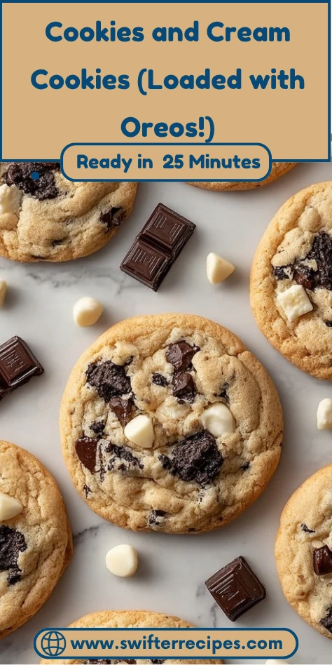 Pinterest pin for cookies and cream cookies recipe loaded with Oreos ready in 25 minutes from swifterrecipes.com