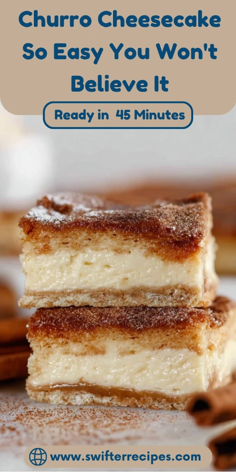 Close-up of churro cheesecake slices stacked on a plate, topped with cinnamon-sugar, with a smooth creamy filling and a golden crust.