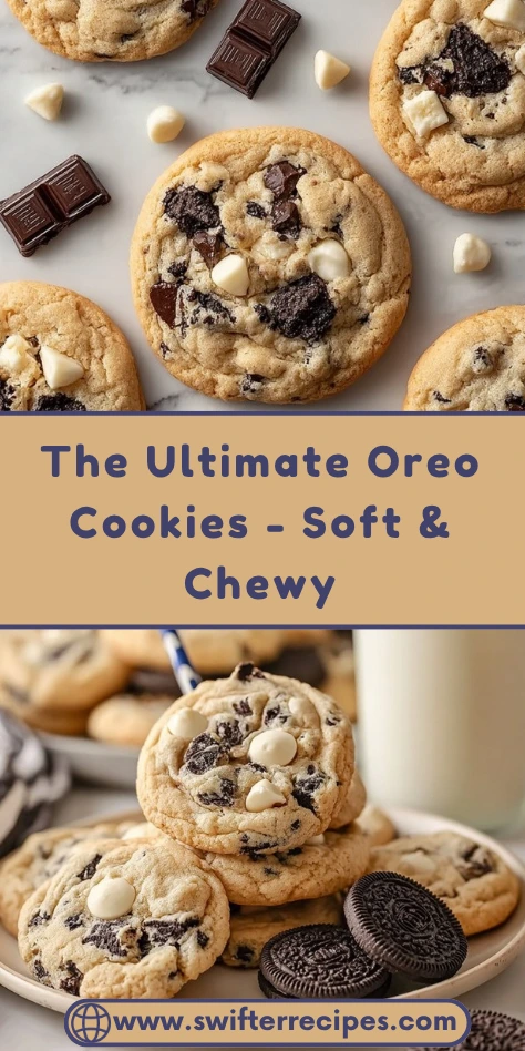 A close-up shot of a plate of soft and chewy cookies and cream cookies with white chocolate chunks.